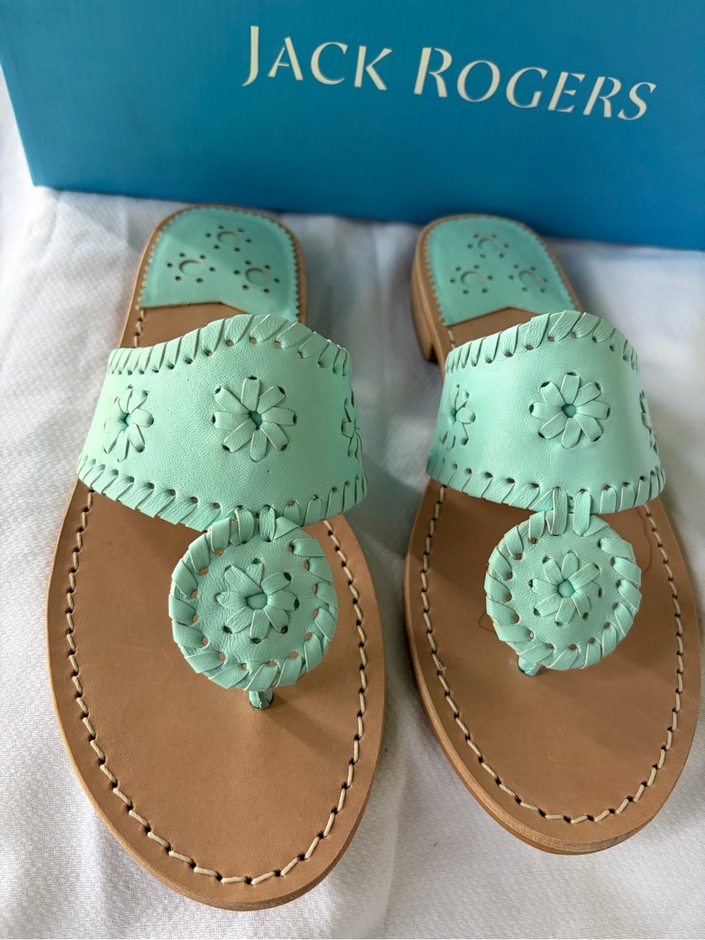 Jack Rogers Women's Mint Leather Sandals - Classic Handwoven Thong size 6.5